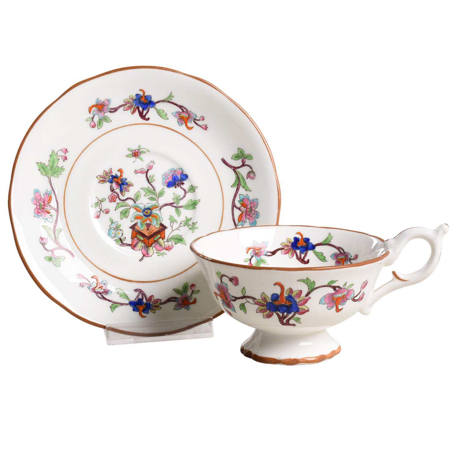 Flower Pot (Brown Trim, Scalloped) Footed Cup & Saucer Set by Coalport-1