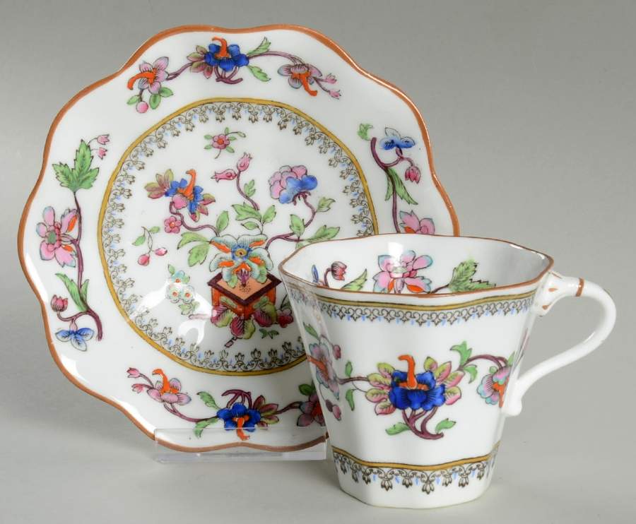 Flower Pot (Brown Trim, Scalloped) Flat Cup & Saucer Set by Coalport-1