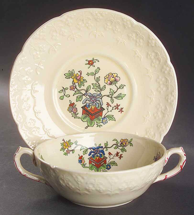 Flower Pot (Cream) Flat Cream Soup Bowl & Saucer Set by Coalport-1