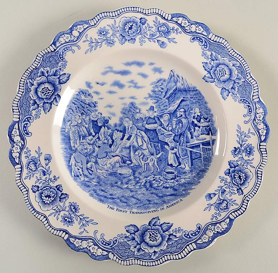 Colonial Times Blue (Floral Border) Dinner Plate by Crown Ducal-1