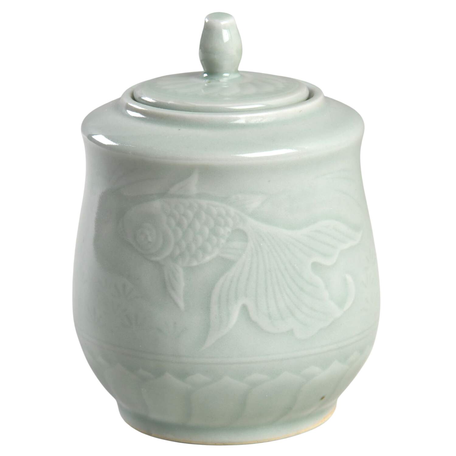 Celadon Koi Fish Sugar Bowl & Lid by China (Made in China)-1