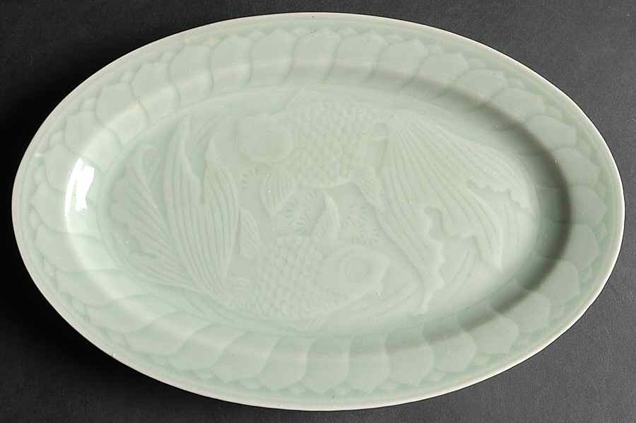 Celadon Koi Fish 12" Oval Serving Platter by China (Made in China)-1