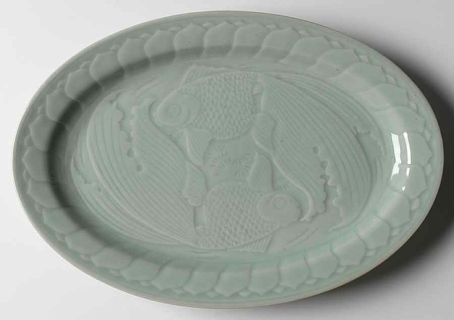 Celadon Koi Fish 14" Oval Serving Platter by China (Made in China)-1