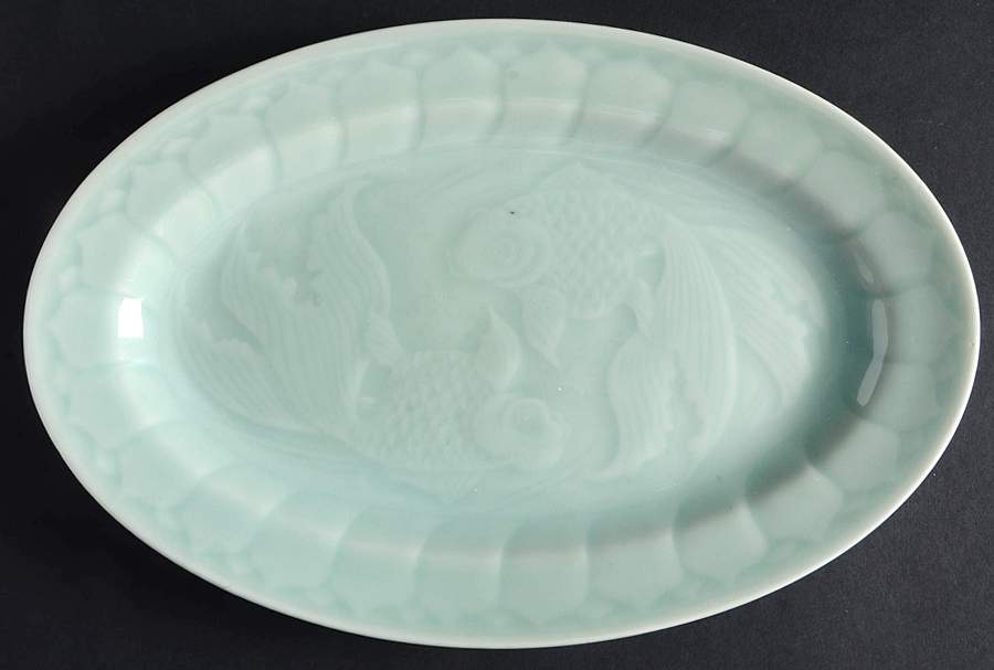Celadon Koi Fish 10" Oval Serving Platter by China (Made in China)-1