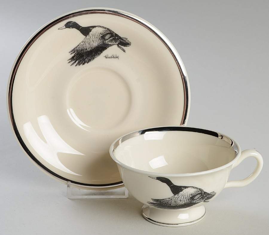 Wild Game Birds Footed Cup & Saucer Set by Castleton (USA)-1
