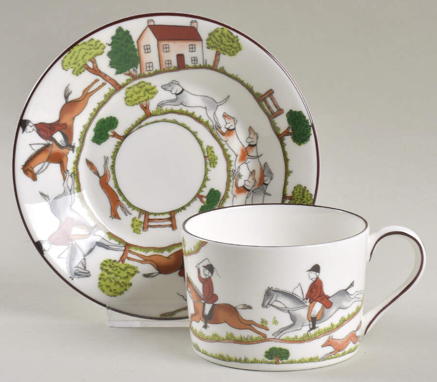 Hunting Scene Flat Cup & Saucer Set by Coalport-1