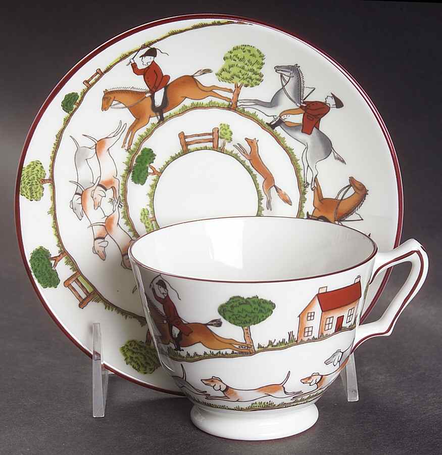 Hunting Scene Footed Cup & Saucer Set by Coalport-1
