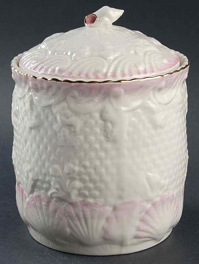 New Shell Pink (Gold Trim) Biscuit Barrel & Lid by Belleek Pottery (Ireland)-1