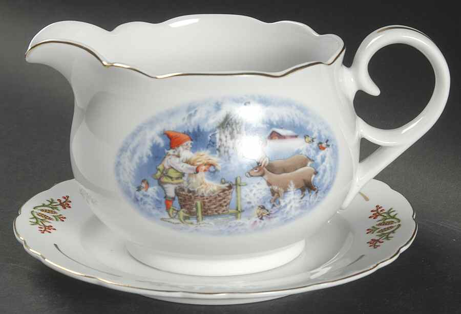 Old Fashioned Christmas Round Gravy Boat/Attached Underplate by Christineholm-1