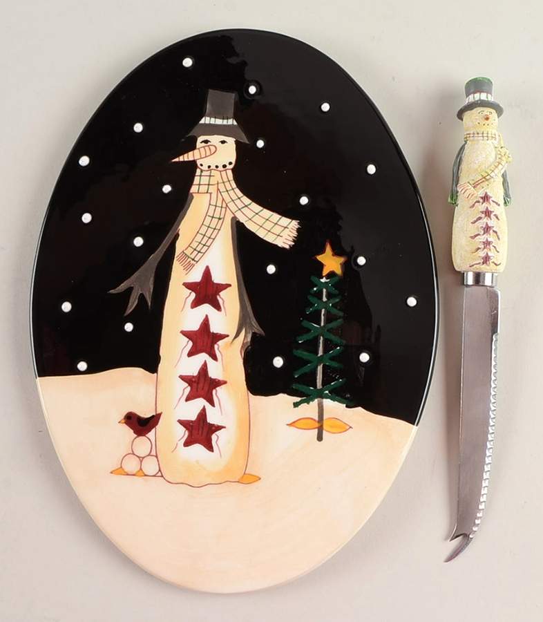 Midnight Snowman Cheese Tray & Knife by Certified International-1
