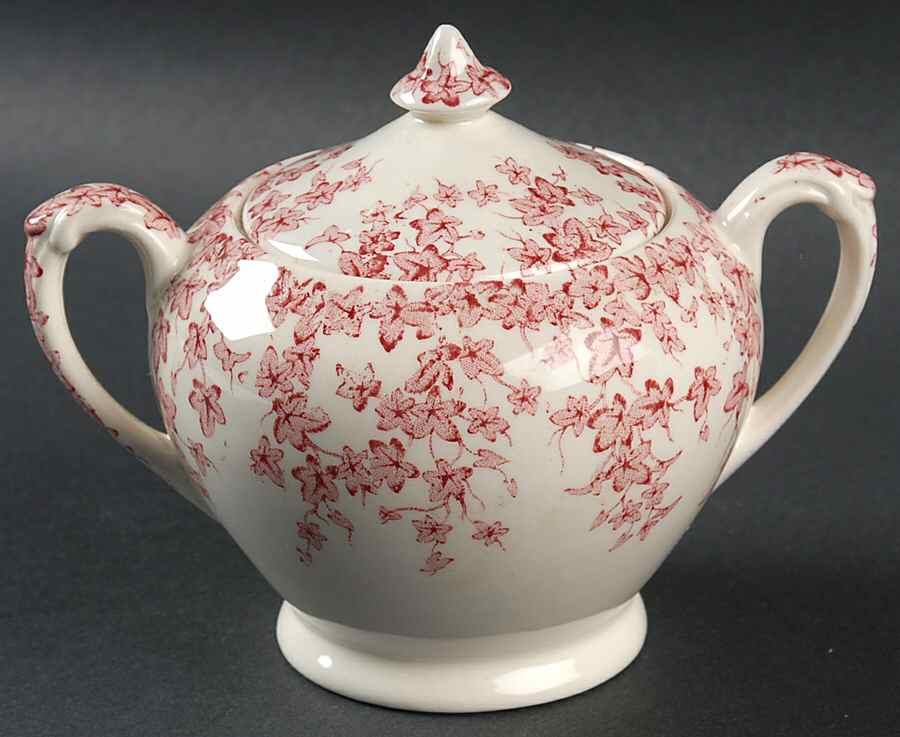 Early English Ivy Pink (No Ribs, Smooth) Sugar Bowl & Lid by Crown Ducal-1