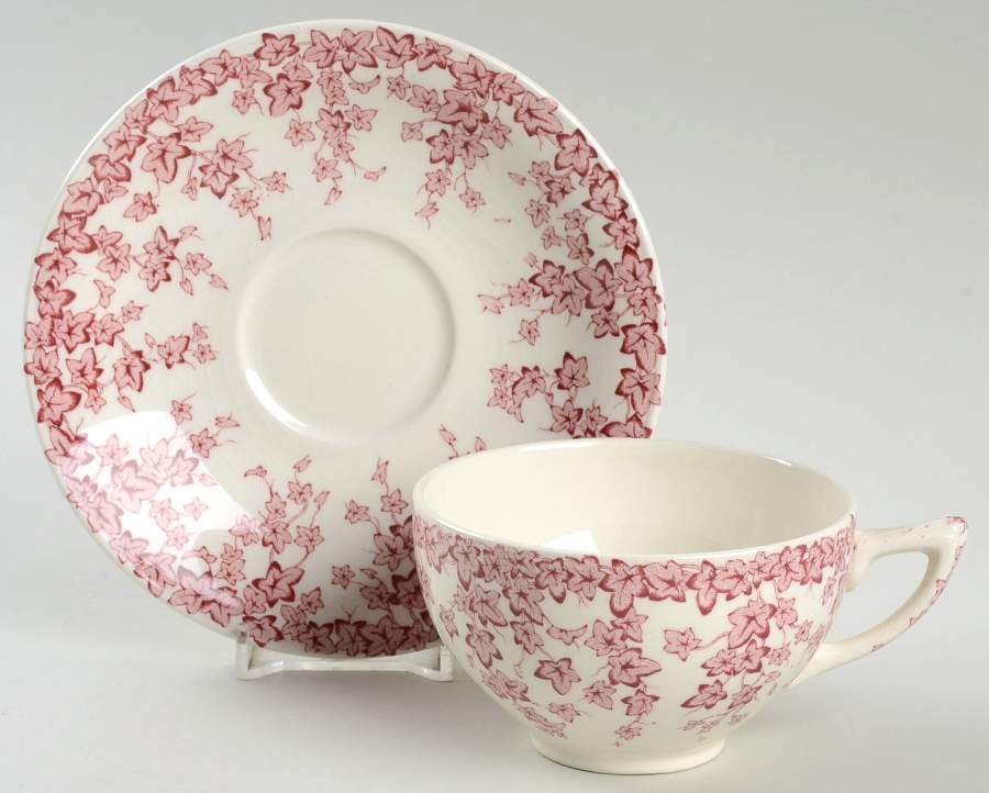 Early English Ivy Pink (No Ribs, Smooth) Flat Cup & Saucer Set by Crown Ducal-1