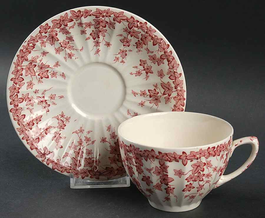 Early English Ivy Pink (Ribbed, Smooth) Flat Cup & Saucer Set by Crown Ducal-1