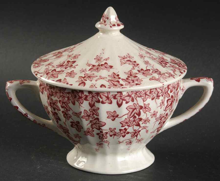Early English Ivy Pink (Ribbed, Smooth) Sugar Bowl & Lid by Crown Ducal-1