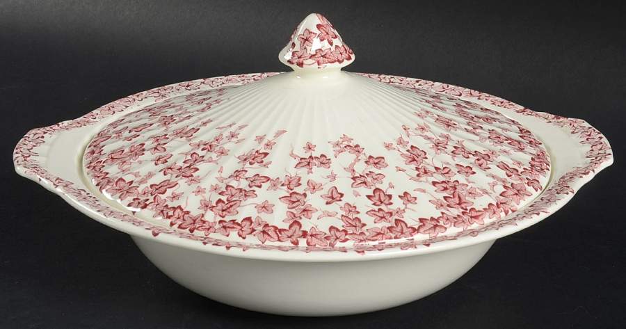 Early English Ivy Pink (Ribbed, Smooth) Round Covered Vegetable by Crown Ducal-1