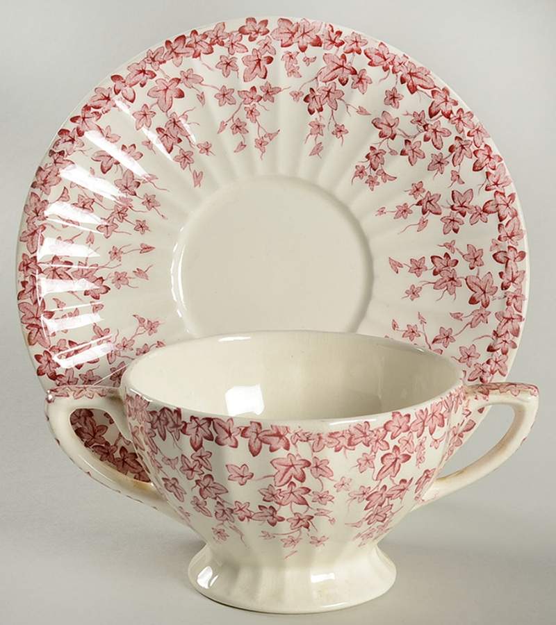Early English Ivy Pink (Ribbed, Smooth) Flat Cream Soup Bowl & Saucer Set by Crown Ducal-1