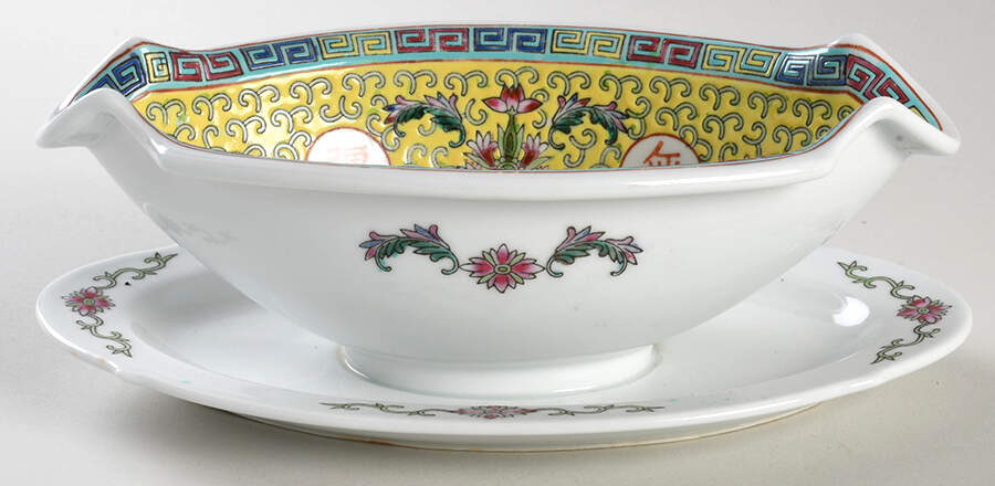 Mun Shou Longevity Yellow Gravy Boat with Attached Underplate by China (Made in China)-1