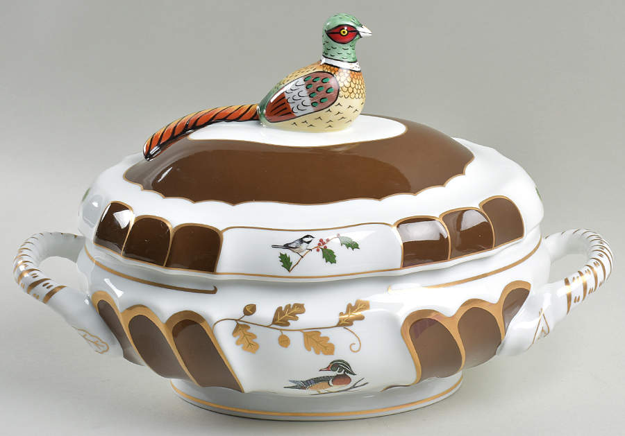 Winter Game Birds Chestnut Brown Oval Tureen & Lid by Lynn Chase-1
