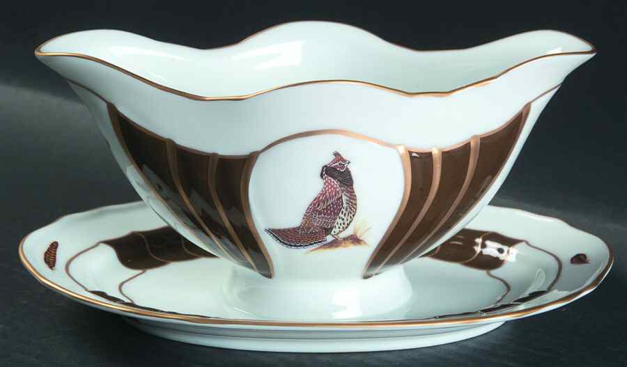 Winter Game Birds Chestnut Brown Gravy Boat with Attached Underplate by Lynn Chase-1
