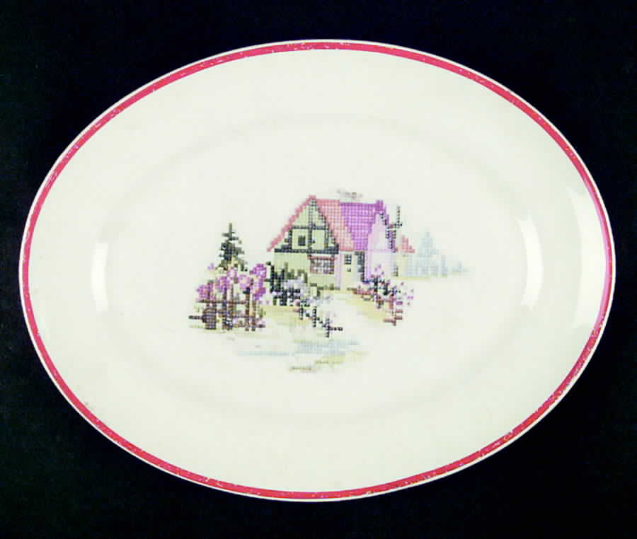 Petit Point House (Red Trim, No Verge) 11" Oval Serving Platter by Crooksville-1