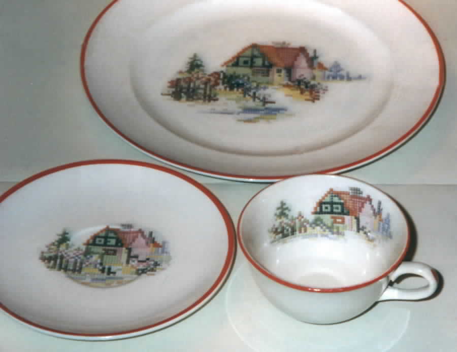 Petit Point House (Red Trim, No Verge) Flat Cup & Saucer Set by Crooksville-1