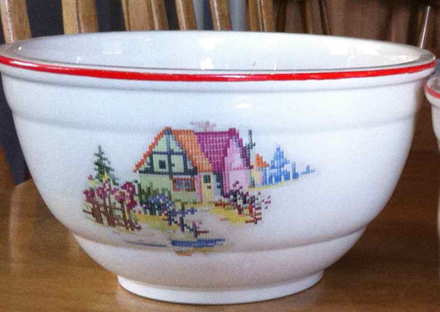 Petit Point House (Red Trim, No Verge) 9" Mixing Bowl by Crooksville-1