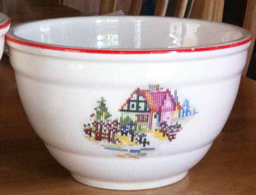 Petit Point House (Red Trim, No Verge) 7" Mixing Bowl by Crooksville-1