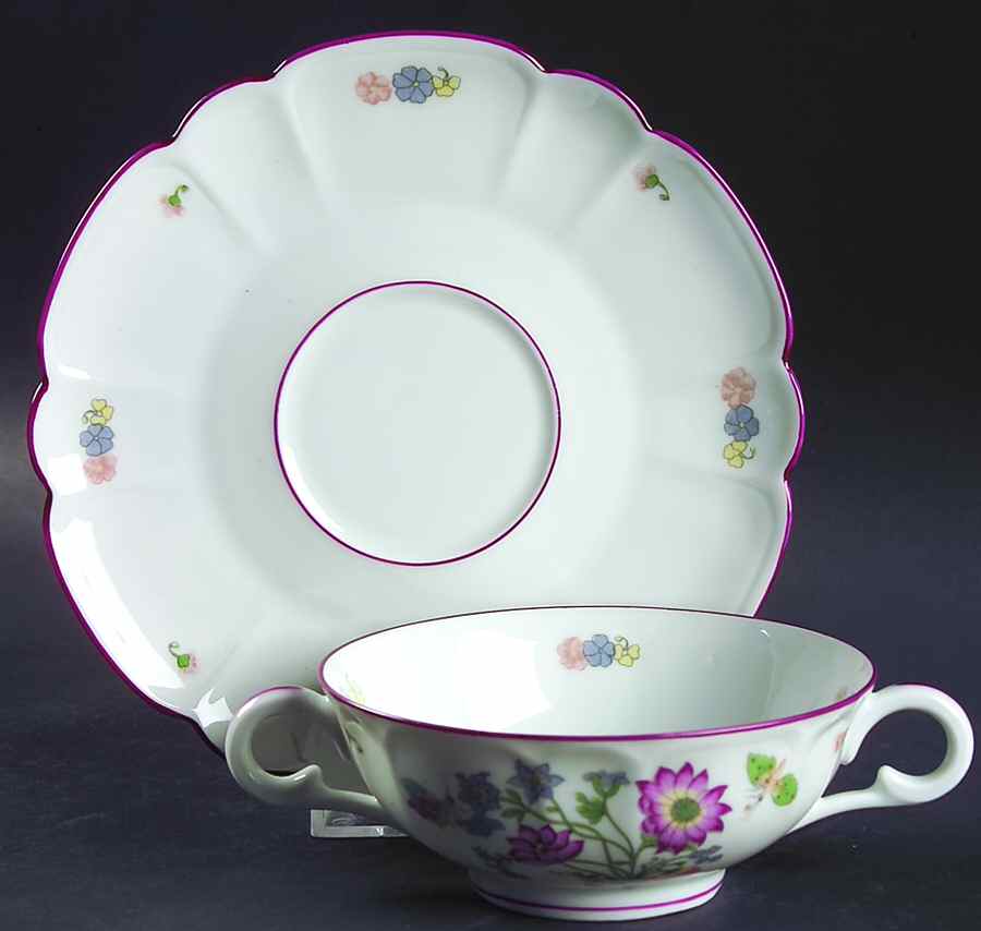 Meissen (Inner Red Line) Flat Cream Soup Bowl & Saucer Set by Charles Field Haviland-1