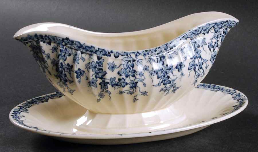 Early English Ivy Blue Gravy Boat with Attached Underplate by Crown Ducal-1