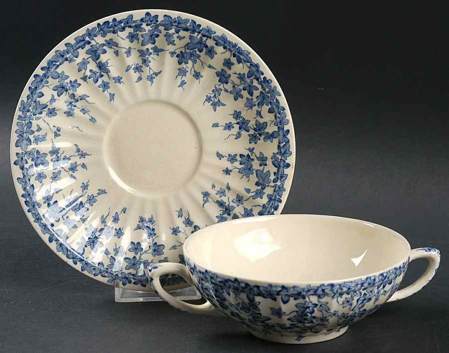 Early English Ivy Blue Flat Cream Soup Bowl & Saucer Set by Crown Ducal-1