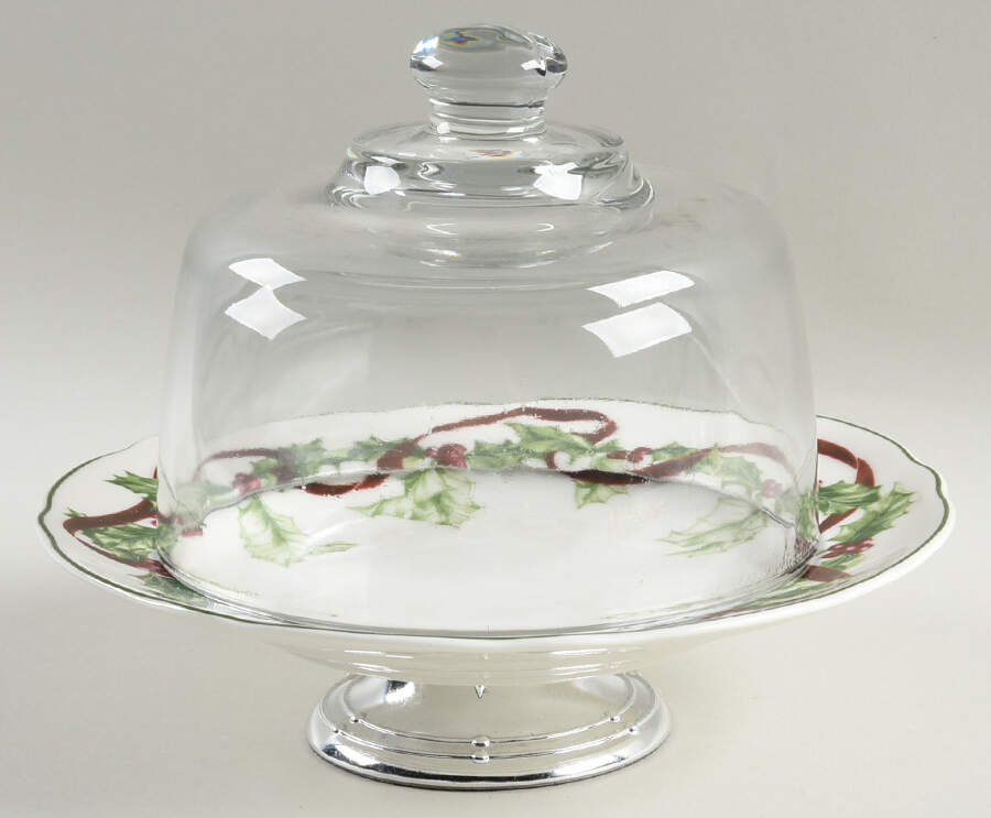 Winter Garland 6 1/2"-7 1/2" Footed Cheese Plate w/ Glass Dome HC by Charter Club-1