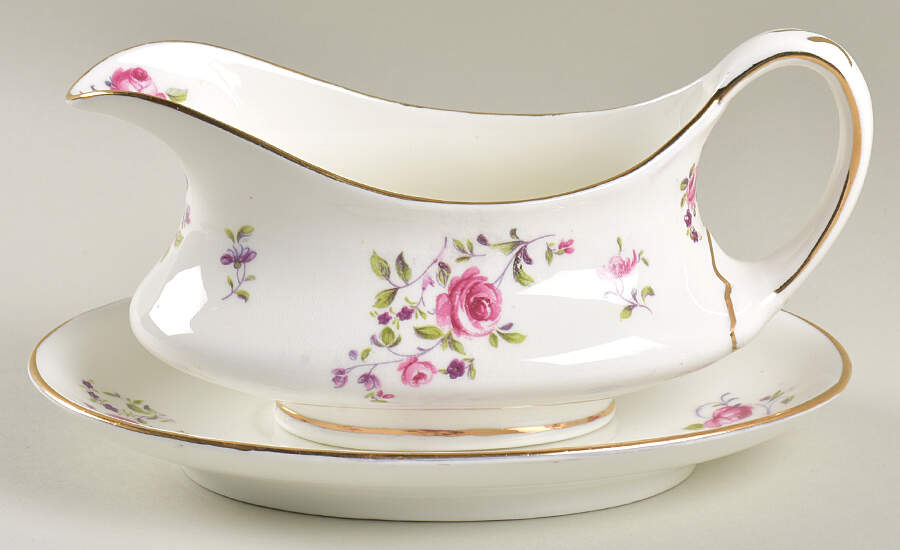 English Rosebud (Smooth Edge) Gravy Boat & Underplate by Crown Staffordshire-1