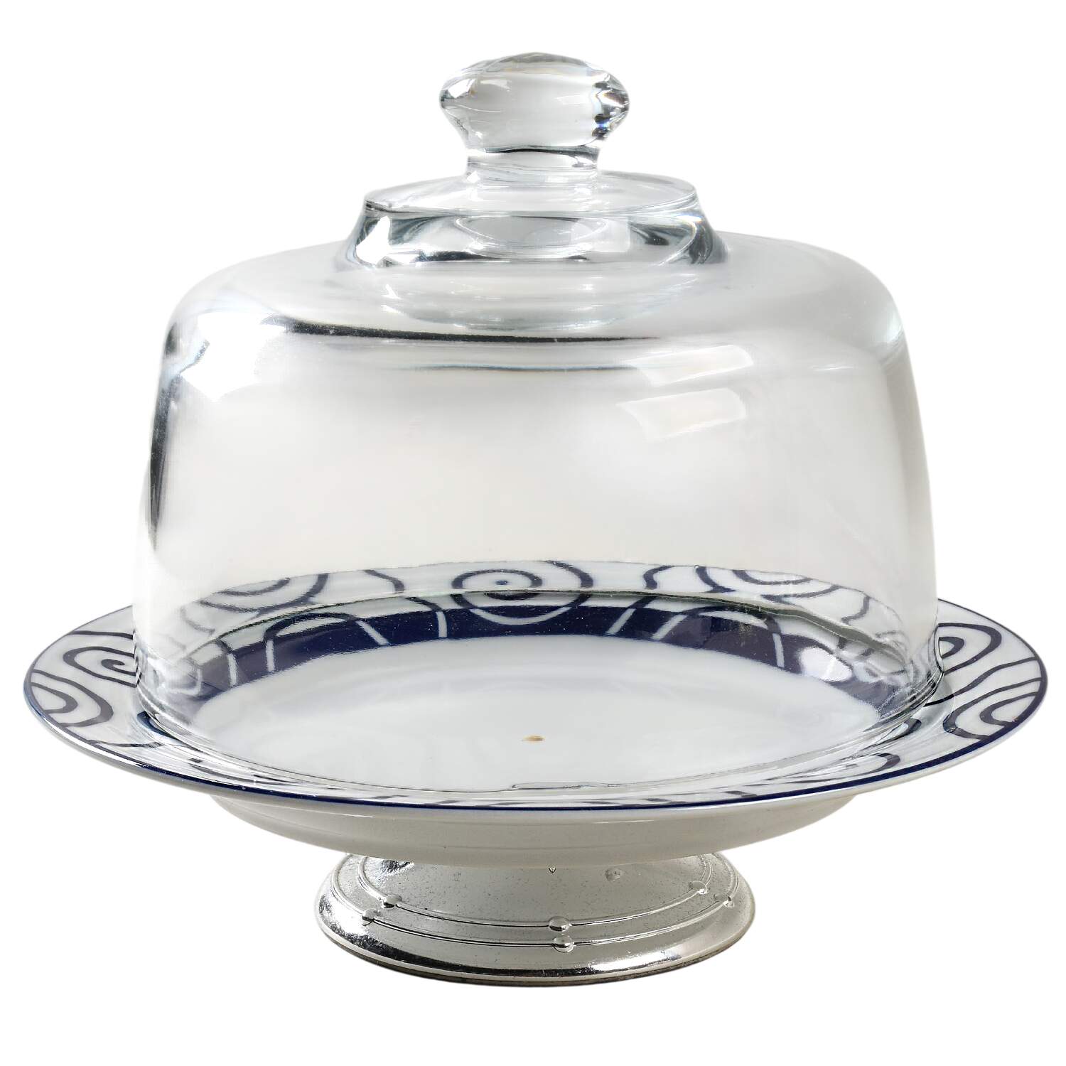 Blue Spiral 6 1/2"-7 1/2" Footed Cheese Plate w/ Glass Dome HC by Crate & Barrel-1