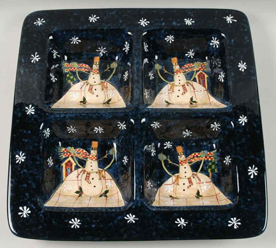 Folk Snowman (Large Flakes) Divided 4-Part Square Platter by Certified International-1