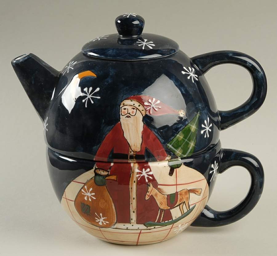 Folk Santa (Large Flakes) Individual Teapot & Lid with Cup by Certified International-1