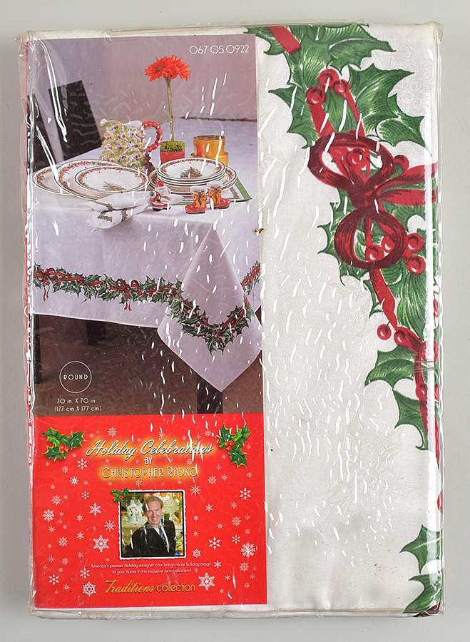 Holiday Celebrations (Green Trim) 70" Round Tablecloth by Christopher Radko-1