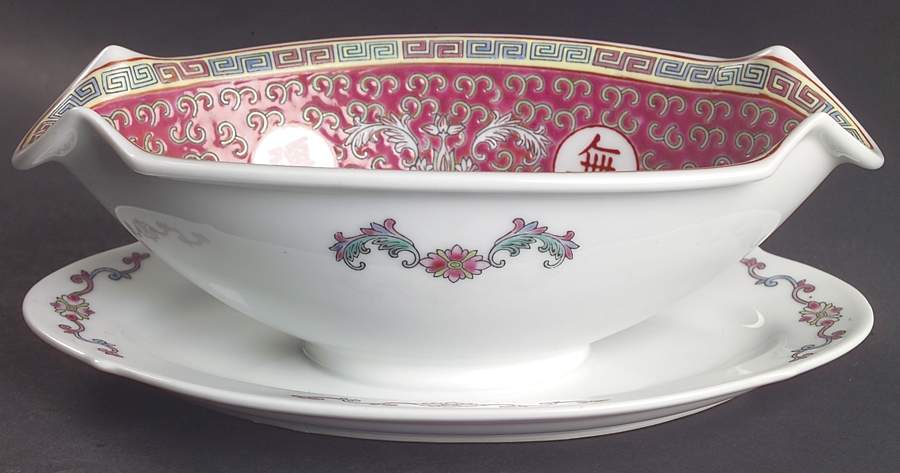 Mun Shou Longevity-Red Gravy Boat with Attached Underplate by China (Made in China)-1