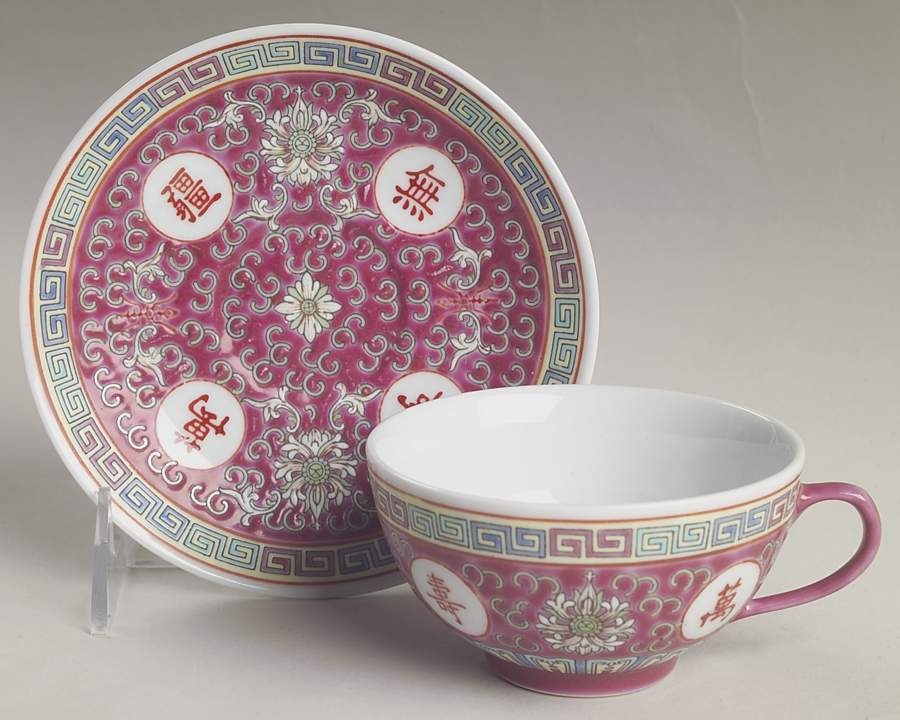 Mun Shou Longevity-Red Flat Cup & Saucer Set by China (Made in China)-1