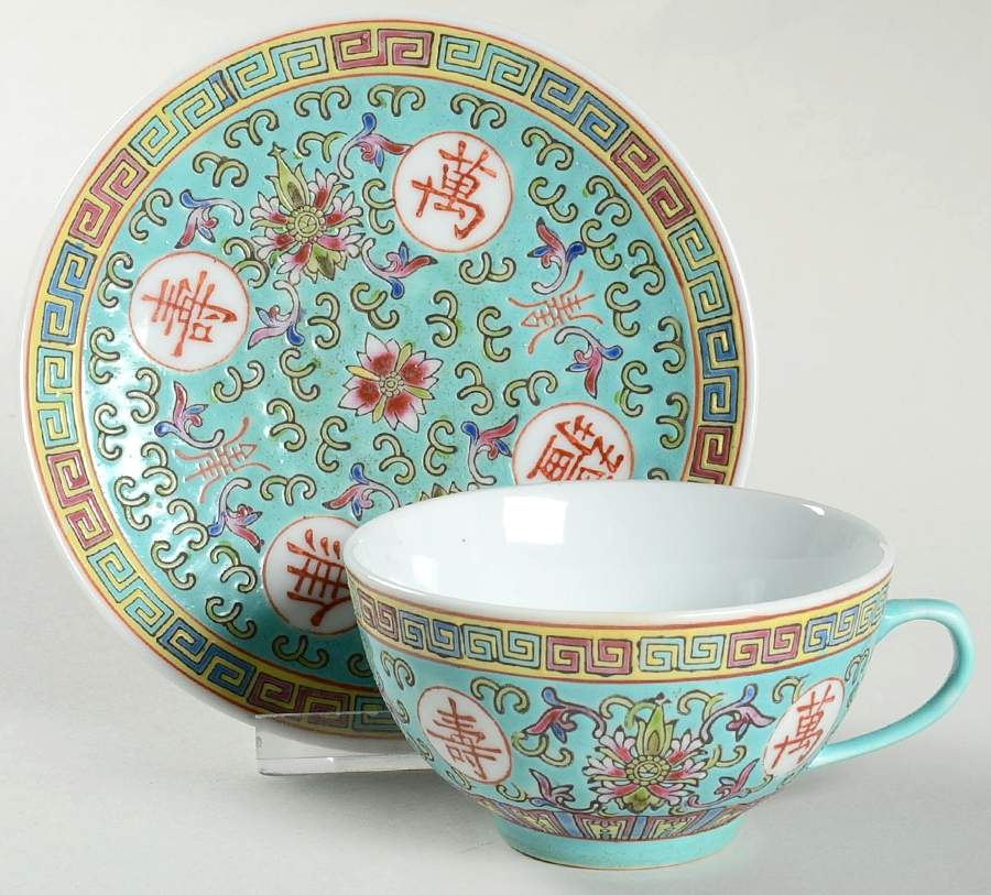 Mun Shou Longevity Green Flat Cup & Saucer Set by China (Made in China)-1