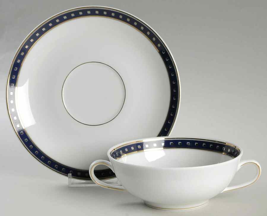Babylone Blue Flat Cream Soup Bowl & Saucer Set by Christofle-1