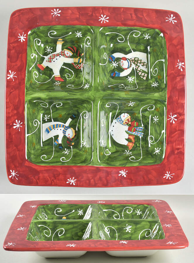 Tumbling Snowman (Red or Green Handles) Divided 4-Part Square Platter by Certified International-1