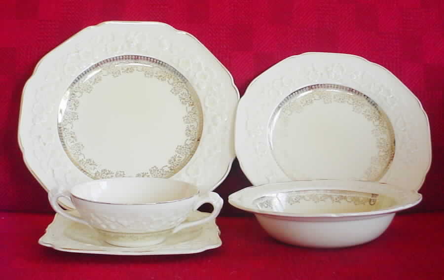 Gainsborough (Gold Trim) Footed Cream Soup Bowl & Saucer Set by Crown Ducal-1