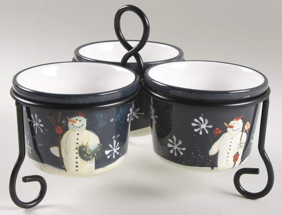 Twilight Snowman (White Stars) Condiment Bowl - Set of 3 Motifs & Metal Stand by Certified International-1