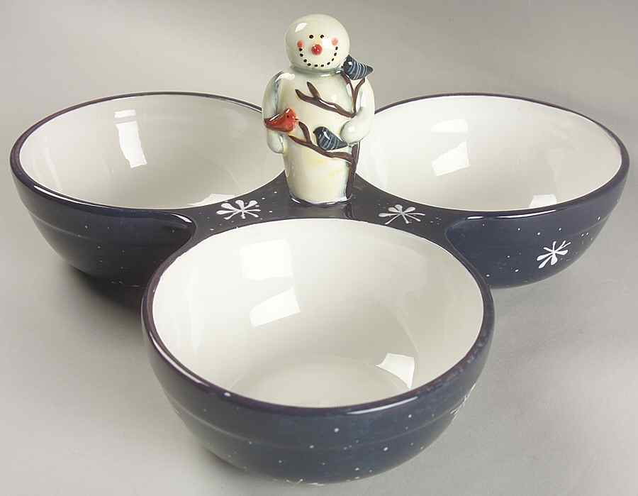 Twilight Snowman (White Stars) 3-Part Relish with Center Ceramic Handle by Certified International-1