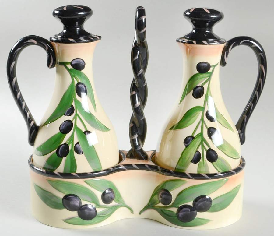 Oliva Rustica 2 Oil/Vinegar Cruets with Stoppers on Tray by Clay Art-1