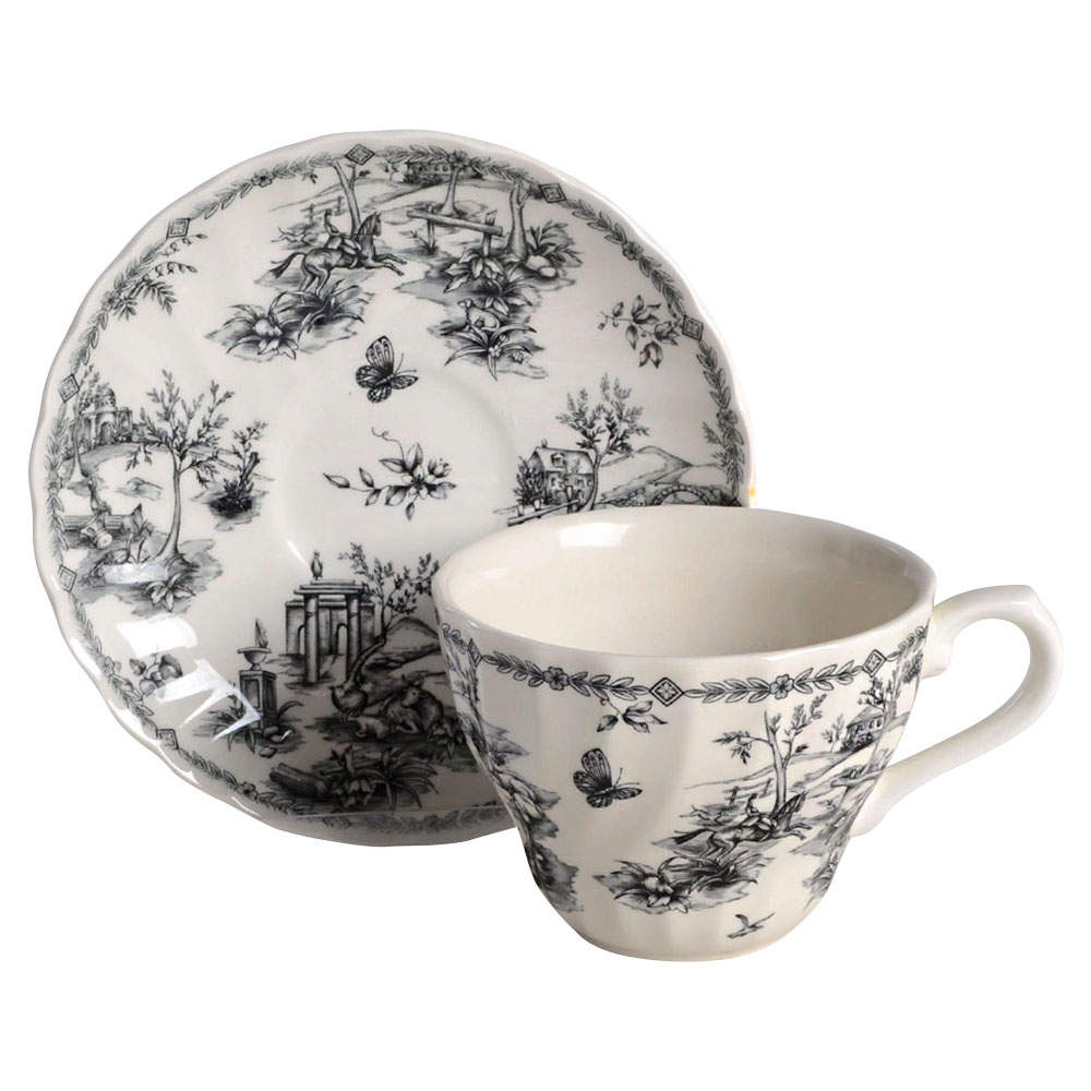 Toille Black (Charcoal, Scalloped) Flat Cup & Saucer Set by Churchill-1