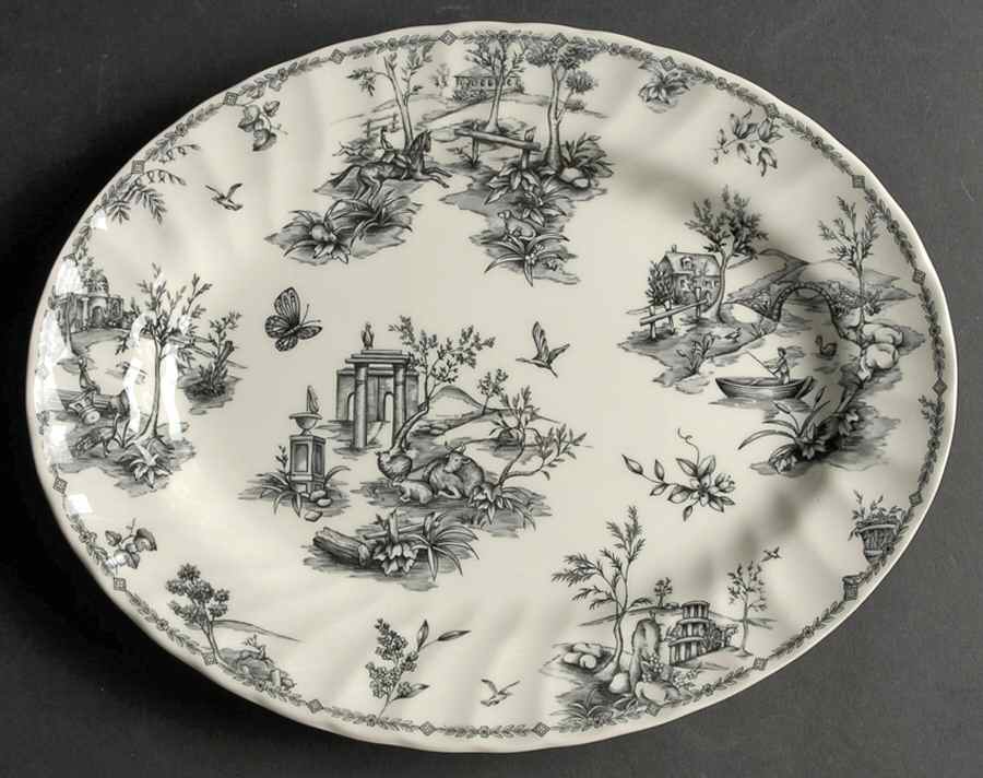 Toille Black (Charcoal, Scalloped) 12" Oval Serving Platter by Churchill-1