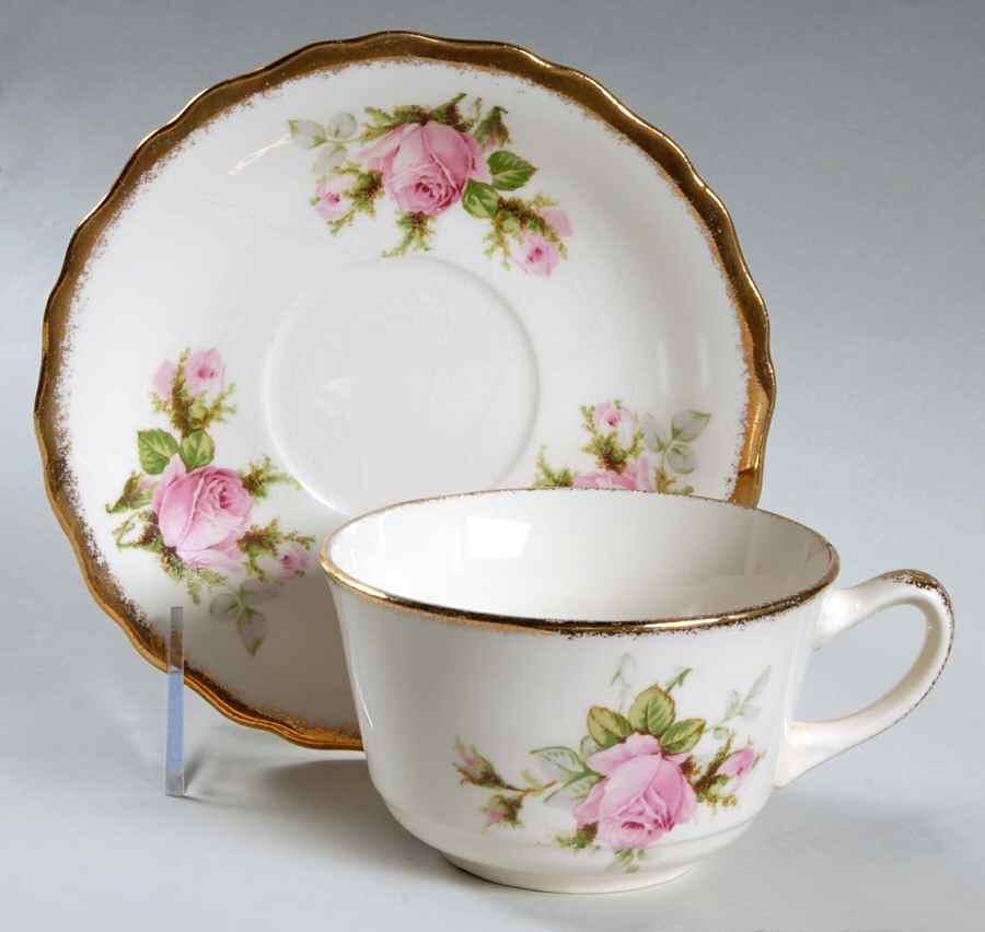 Moss Rose (Brushed Gold Trim) Flat Cup & Saucer Set by Canonsburg-1