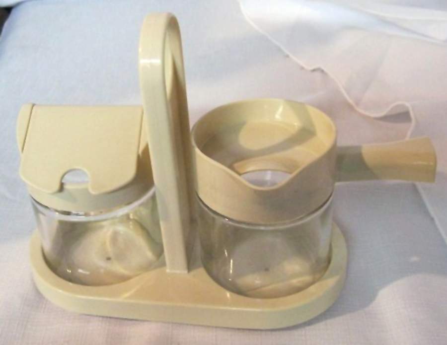 Sandstone (Corelle) Glass Creamer & Sugar w/Plastic Lids & Tray by Corning Corelle-1