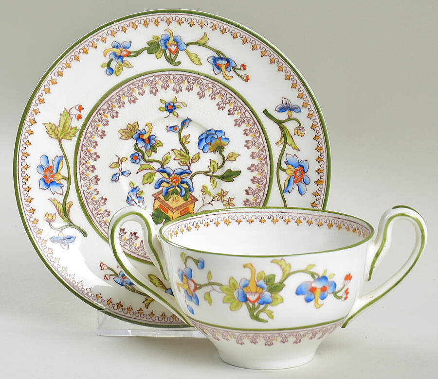 Flower Pot (Green Trim, Smooth) Bouillon Cup & Saucer by Coalport-1